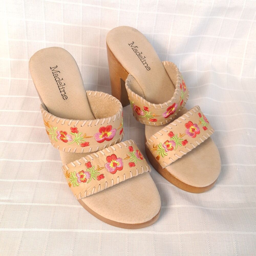 Madeline Vintage Embroidered Floral Double Strap Wooden Wedge Sandals Size 6.5